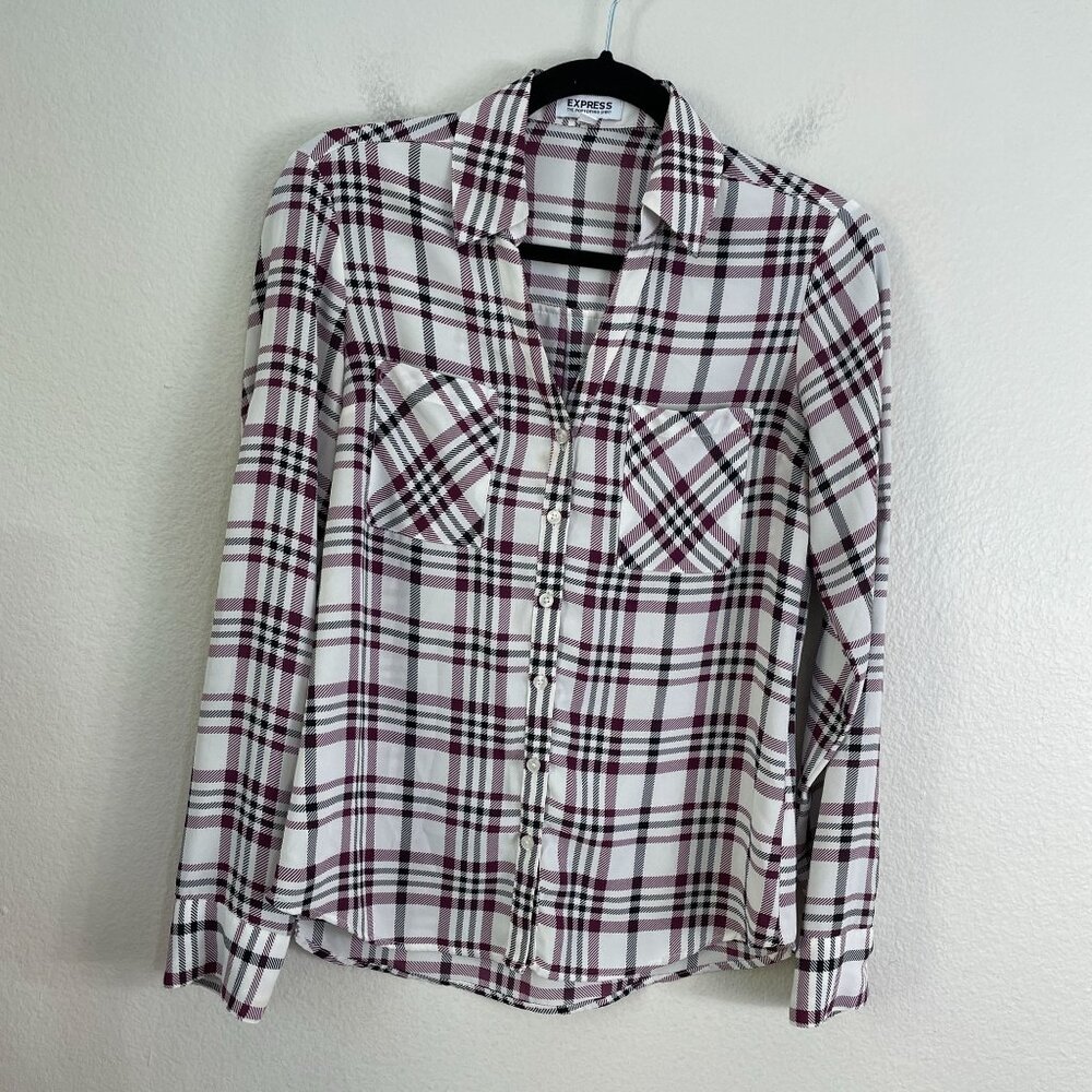 Express Portofino Shirt Womens XS Plaid Button Up Blouse Roll Tab Sleeve Top